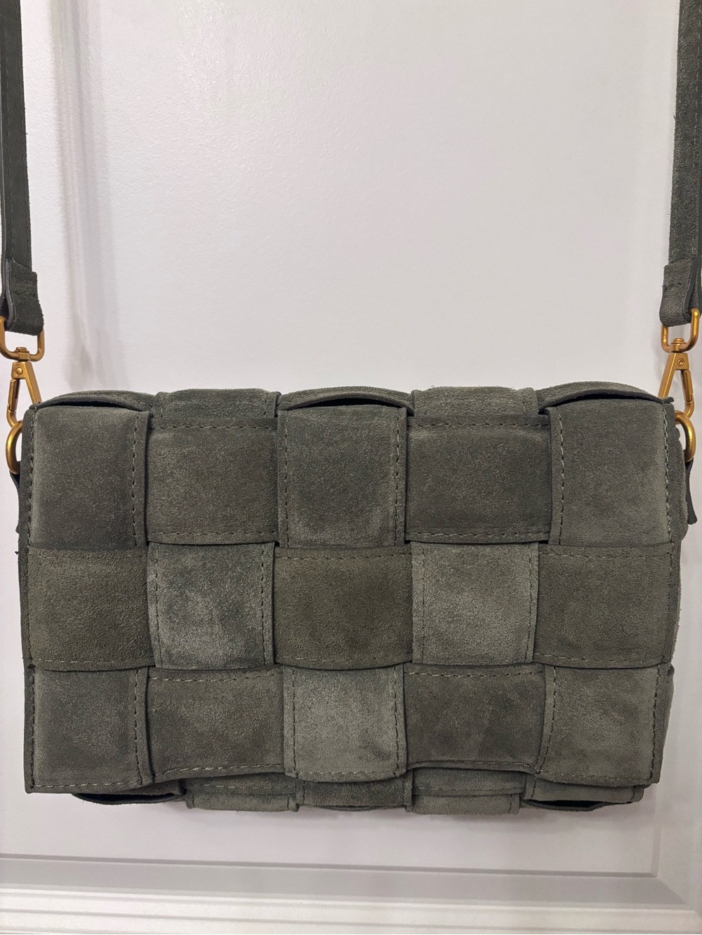 Woven Suede Crossbody Bag in Olive Green
